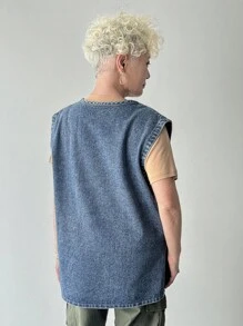 FRIFUL 女式休闲水洗无袖牛仔上衣 - 藍色 - 查看 6