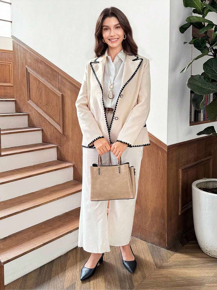 Women's Autumn Casual Color Block Trim Lapel Jacket