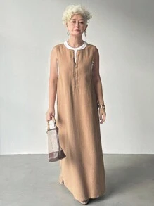 FRIFUL Vestido sin mangas con cremallera y decoración de unicolor caqui para mujer, otoño - Caqui - Ver 7