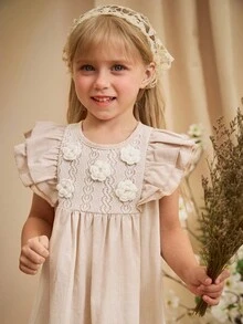 Loomiva Young Girl Floral Ruffle Trim Cinched Waist Short Sleeve Casual Dress, White/Beige - Apricot - View 5