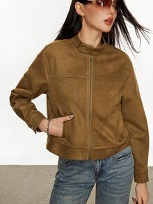 Rina Fox 女士时尚休闲复古简约浪漫优雅街头拉链口袋夹克 - 咖啡棕 - 查看 6