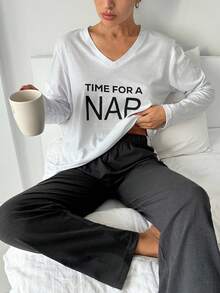 EURMUSE 2 Pcs Cotton Contrast Colour V Neck & Slogan Detail Lounge Set - White - View 4