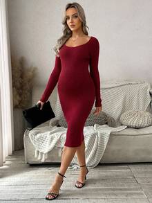 SHEIN 孕妇装弹力及膝长袖修身毛衣裙