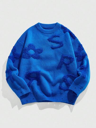 Street Life Men's Casual Letter Embroidered Crew Neck Long Sleeve Loose Knit Sweater, Autumn