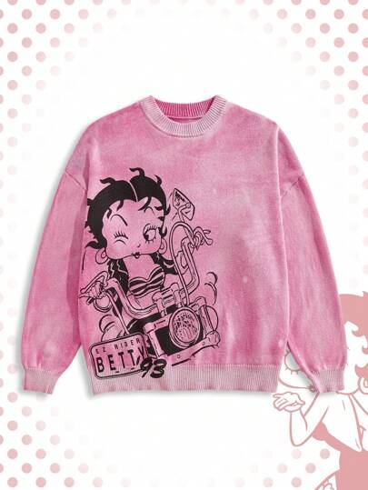 Betty Boop | ROMWE Men's Casual Cartoon Print Drop Shoulder Loose Washed Sweater