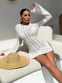 EURMUSE Vacation Crew Neck Backless Bow Tie Flare Sleeve Hollow Out Crochet Mini Knitted Cover Up Dress For Summer Beach Vibes Women Short Dresses Summer - Apricot - View 3