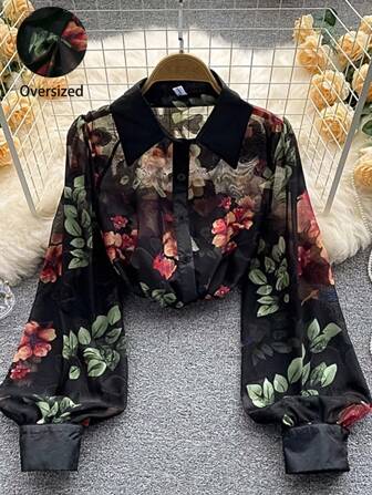 SHEIN CURVE+ 大码女式秋季翻领印花提花宽松休闲灯笼袖黑色衬衫