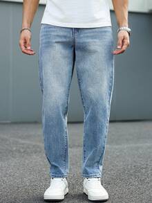 Manfinity Homme 男士休闲复古蓝色牛仔裤 - 中等水洗藍 - 查看 3