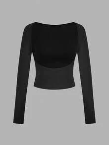 SHEIN EZwear 2pcs Casual Sexy Solid Color Versatile Backless Round Neck Long Sleeve Cropped Fitted Women T-Shirts, Suitable For Spring/Autumn - Multicolor - View 6