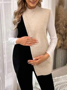 SHEIN Maternity Contrast Color Stand Collar Loose Casual Versatile Knitted Vest - Khaki - View 1