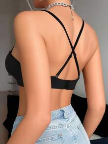 1pc Women's Solid Color Underwear, Small Bust Push Up Bra, Invisible Non-Slip Backless Seamless Bra - Black - View 2