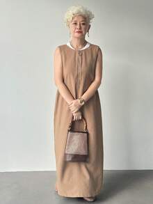 FRIFUL Vestido sin mangas con cremallera y decoración de unicolor caqui para mujer, otoño - Caqui - Ver 3