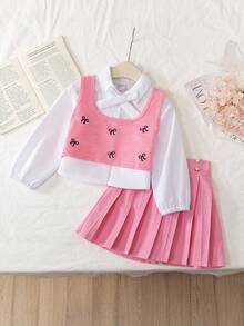 Elladie kids 三件套时尚可爱女童套装：蝴蝶结刺绣背心+系带长袖衬衫+百褶裙，学院风，秋冬款 - 粉色 - 查看 7