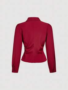 SHEIN MOD Áo sơ mi trắng dài tay có đai eo, dáng ôm, trang phục công sở thường ngày, mùa thu, áo cánh dài tay, áo sơ mi mùa thu, áo cổ chữ V, quần áo, áo sơ mi trở lại trường - Màu Đỏ Sâu - Xem 2
