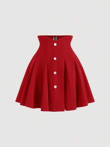 SHEIN MOD Vintage Palace Style Collegiate Solid Color Pearl Button Decor High Waist Skirt, Suitable For Dates, Parties, Holidays, Afternoon Tea