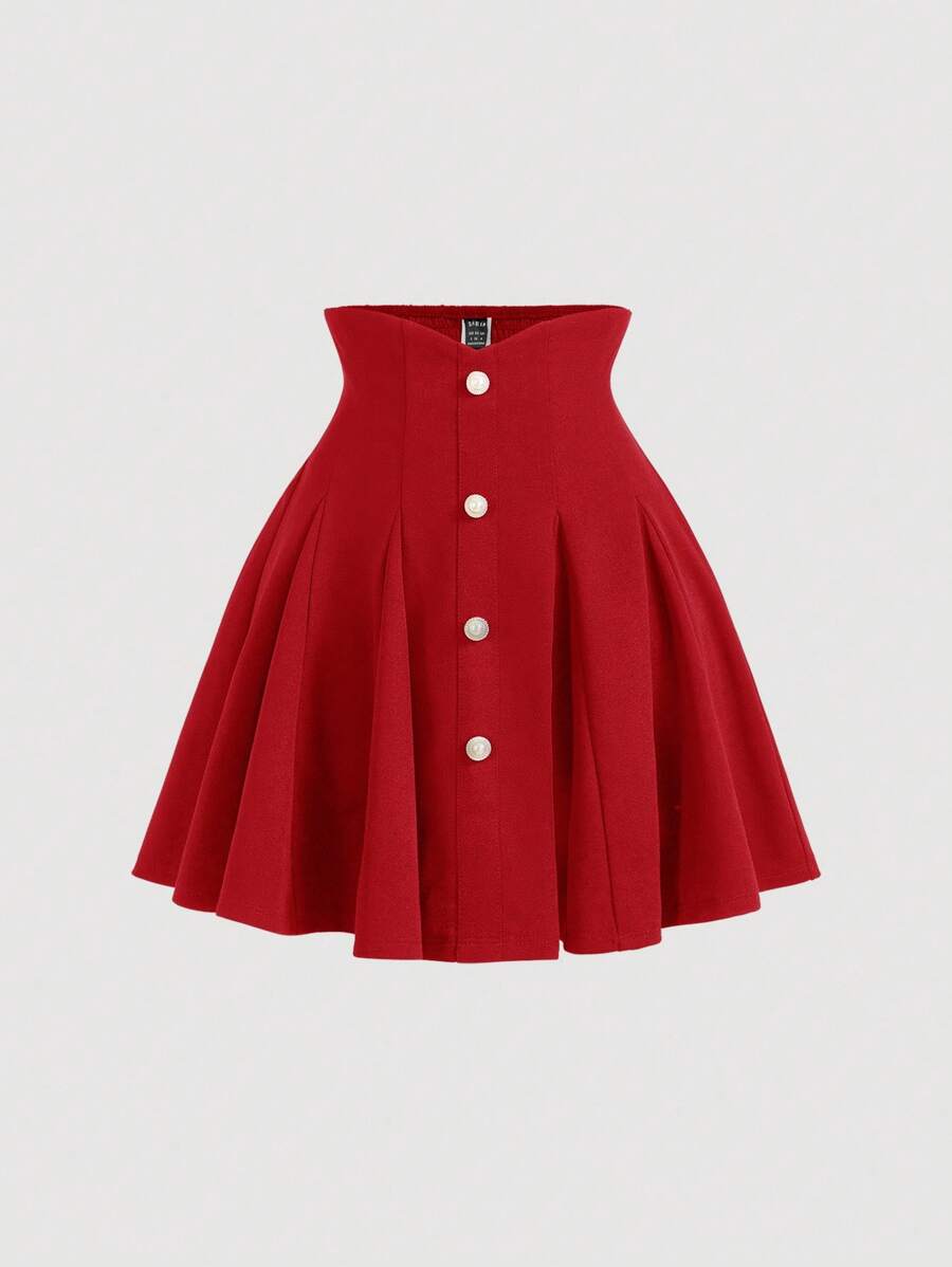 SHEIN MOD Vintage Palace Style Collegiate Solid Color Pearl Button Decor High Waist Skirt, Suitable For Dates, Parties, Holidays, Afternoon Tea