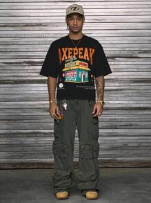 Camiseta de manga corta con cuello redondo casual y estampado frontal AXEPEAK para hombres - Negro - Ver 5