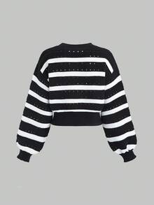 Sweetra Minimalistyczny i uroczy sweter damski w czarno-białe paski z rękawami typu latarnia i okrągłym dekoltem, jesień/zima - Czarne - Zobacz 2