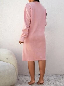 EURMUSE 100%Cotton Plus Letter Embroidery Half Button Nightdress - Pink - View 2