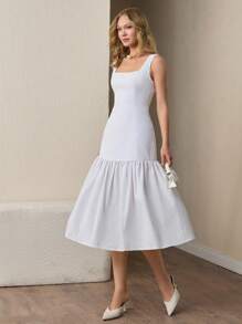 CLARA VERO Solid Color Fitted Bodice Dress With Hipline Shirred, Elegant - White - View 4