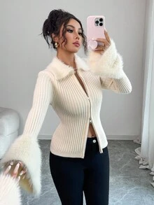 Franclia 女士优雅通勤法式休闲时尚人造毛领袖口前拉链开衫 - 杏色 - 查看 7