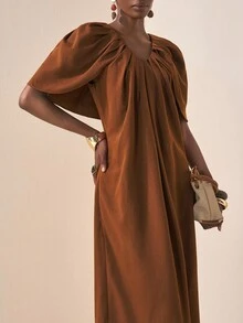 Zivah 2025 Autumn New Arrival Music Festival, Easter, St. Patrick's Day, Western Style, Nomadic Style, Birthday Party, Graduation Season, College Style, Student Wear, Daily Casual, Basic Versatile, Leisure, Vacation, Cruise Travel, Beach, Sunbathing, Viral , Streetwear, Wedding Guest Boho Style, Commuter Style, Brunch Outfit, Airport Outfit, Ruched Shoulder Cape Sleeve V-Neck Maxi Dress In Burgundy