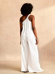 Slaydiva 夏季新款女士休闲百搭宽松绿色纹理面料无袖连体裤，适合日常穿着、度假、巡游、海滩、日光浴 - 白色 - 查看 2