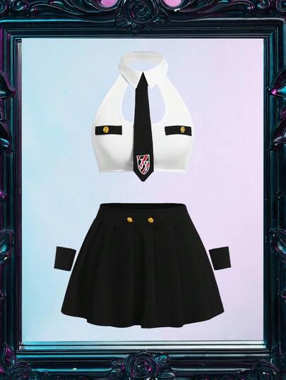 女士无袖镂空时尚撞色上衣、百褶裙服装（上衣、裙子、领带、2 副手套）