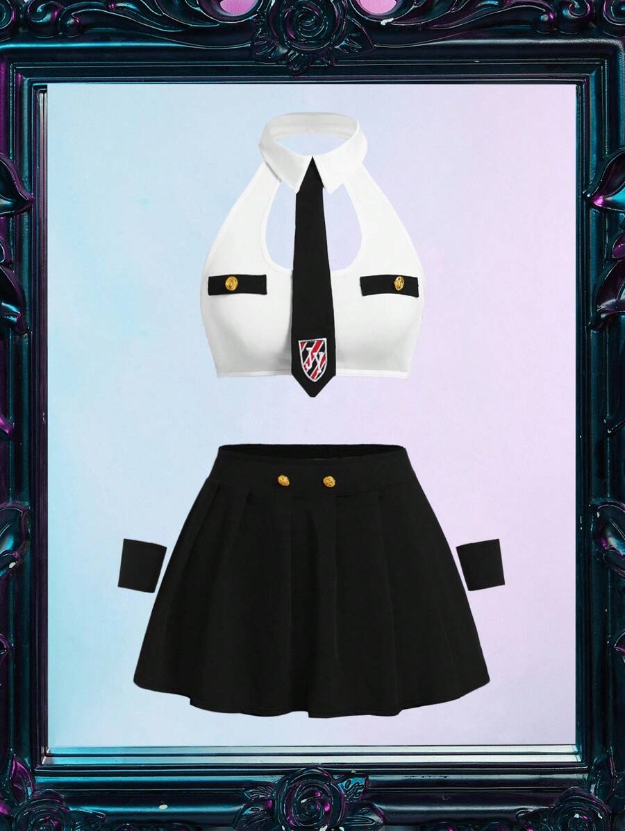 女士无袖镂空时尚撞色上衣、百褶裙服装（上衣、裙子、领带、2 副手套）