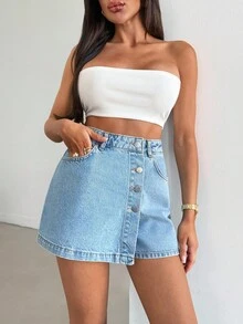 EURMUSE 女士高腰休闲街头风格短裙 浅蓝色 - 淺色水洗藍 - 查看 4