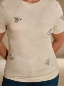 Anewsta Camiseta de manga corta ajustada con aplicaciones de strass elegantes y lavadas para mujer de talla grande - Albaricoque - Ver 3