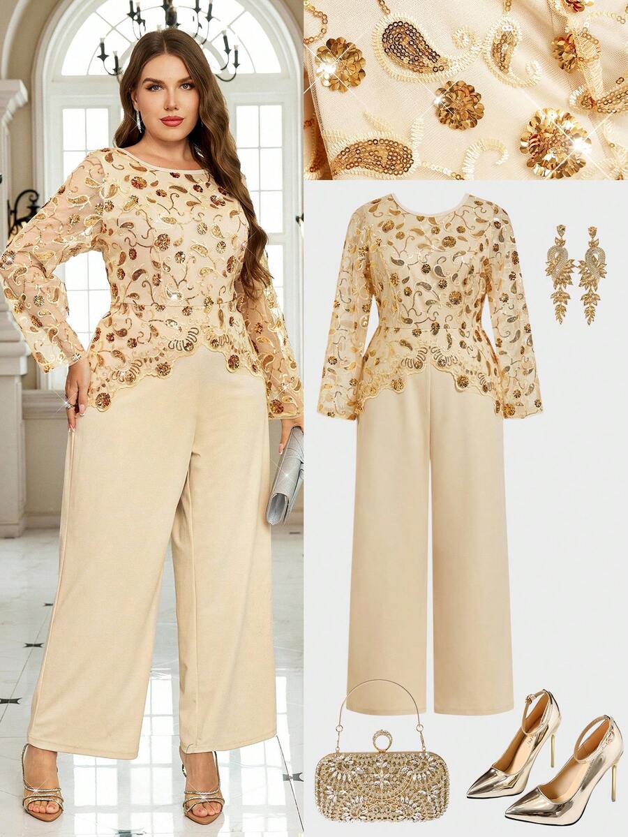 Ellevyn Plus Size Women's Elegant Long Sleeve Sequin Jumpsuit,Beige Autumn Wedding Festival Outfits,Night Out Concert Playsuit For Parties And Events - Apricot - View 1