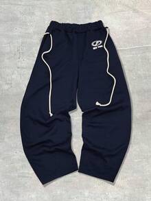 ROMWE MEN Prep 男士字母印花宽松休闲运动裤 - 藍色 - 查看 2