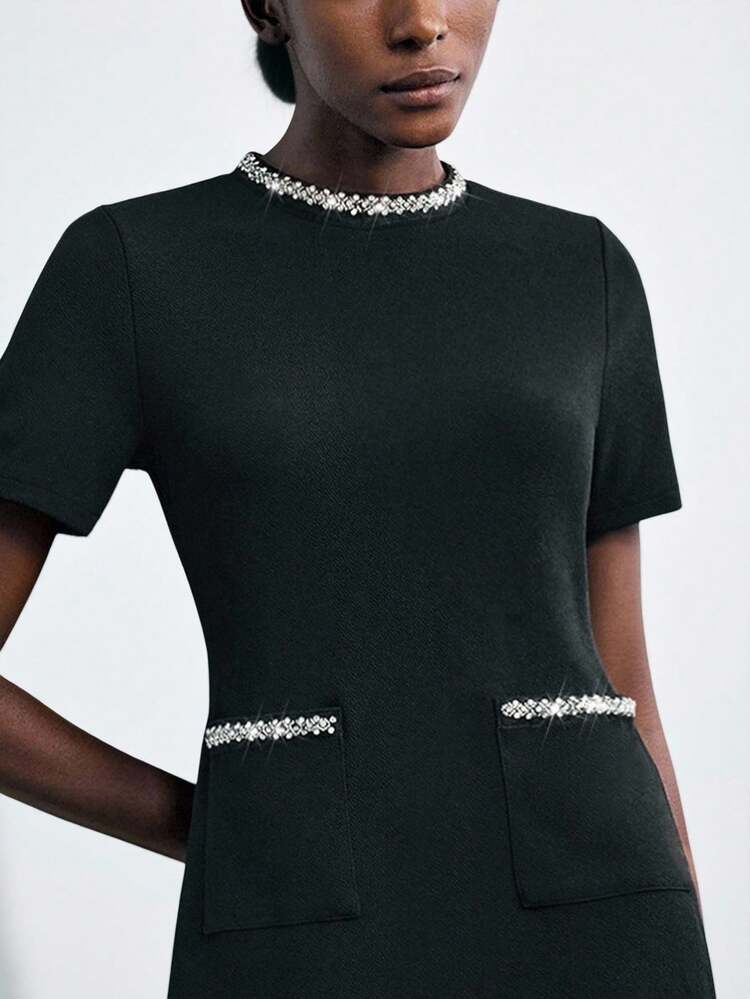 SHEIN Maija 2026 Modern City Rhinestone Collar & Pocket Elegant Short Dress For Women, Suitable For Early Autumn Party Season,Fall Dress,Halloween,Wedding Guest,Old Money Style Women, Summer Dress For Women, Sequin Dress Women  St Patrick's Day Women Easter Summer Outfits Easter Dress Women Party Top Beach Dress Summer Holiday Outfits Each Vacation Outfits For Women  Summer Outfit For Women Going Out Outfits Graduation Graduation Outfit  Casual Dresses  Casual Blouses For Women