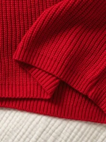 SHEIN 青少年女孩休闲圆领长袖镂空蝴蝶结针织毛衣，秋冬 - 紅色 - 查看 5