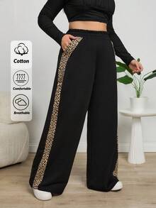 EURMUSE Leopard Trim Belly Detailed Long Wide Leg Black Pants - Black - View 1