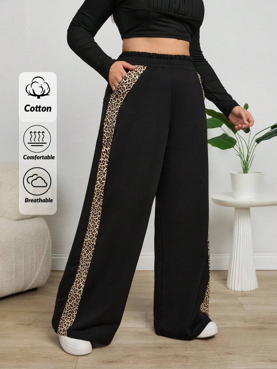 EURMUSE Leopard Trim Belly Detailed Long Wide Leg Black Pants - Black - View 1