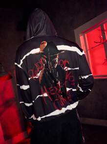 A Nightmare on Elm Street X SHEIN Áo hoodie dáng rộng thoải mái họa tiết kinh dị tối màu và chữ cái cho nam, mùa xuân/thu - màu đen - Xem 1
