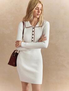Écloséra 法国复古仿兔毛纱线休闲百搭白色/棕色拼色刺绣小翻领搭配撞色纽扣罗纹长袖修身女式针织毛衣裙适合日常通勤、春秋冬女装、复古、工作服、办公室服、教师装、返校服、秋季、商务休闲、复古风、学院风 - 杏色 - 查看 5