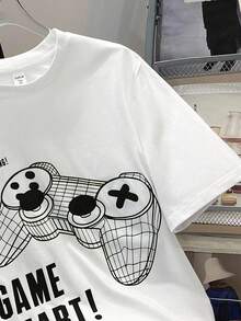 SHEIN 2pcs/Set Teen Boys' Casual Video Game Graphic Print T-Shirt And Shorts Set, Summer, Cotton Blend - Black and White - View 7