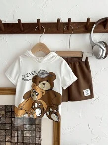 SHEIN Bé Trai Bé Gái Hoạt Hình Họa Tiết Gấu Có Mũ Trùm Đầu Áo Nỉ Tay Ngắn Có Huy Hiệu Trang Trí & Quần Short Thường Ngày 2 Cái/bộ - Cà phê nâu - Xem 7