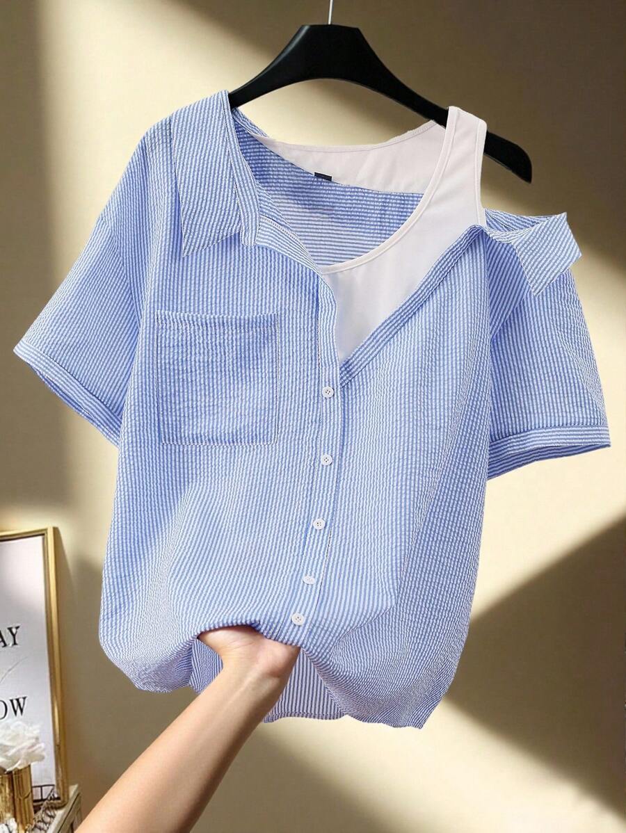SHEIN Franclia Plus Size Women's Blue And White Striped Patchwork 2 In 1 Shirt,Summer Smart Casual Vacation Preppy Tops With Pocket,Short Sleeve Scrub Suit Style - Blue - View 1