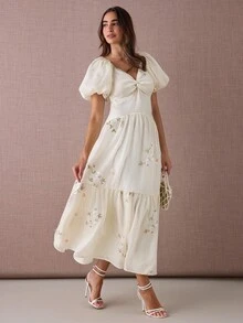 Enchnt 女式 V 领扭纹前泡泡袖 A 字长连衣裙 - 杏色 - 查看 6