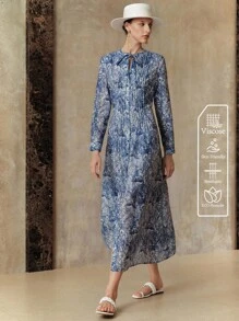 EMERY ROSE Váy Lyocell Linen Ditsy Floral cổ tròn tay dài thắt eo cho nữ - Màu xanh lam - Xem 1