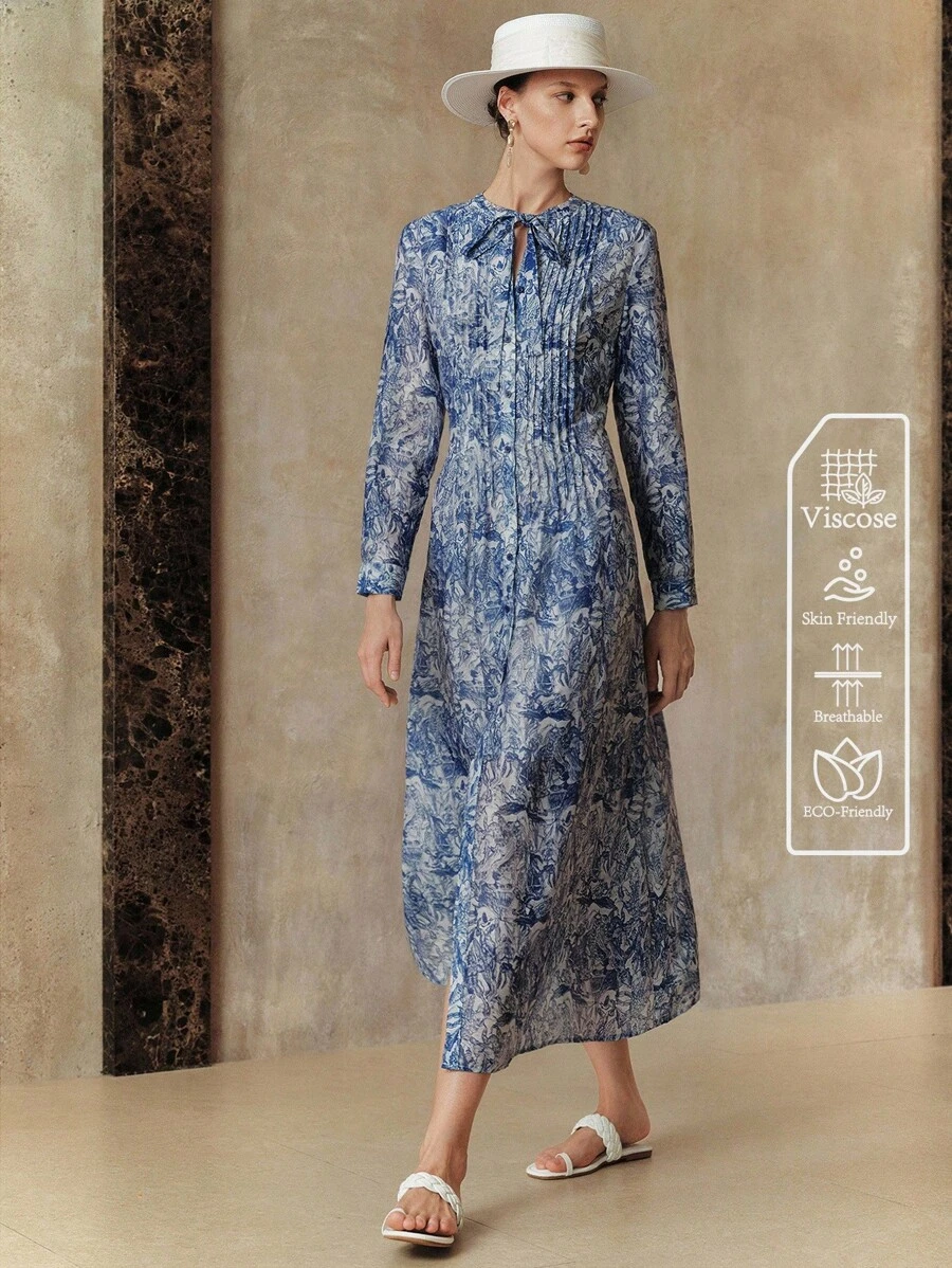 EMERY ROSE Váy Lyocell Linen Ditsy Floral cổ tròn tay dài thắt eo cho nữ - Màu xanh lam - Xem 1