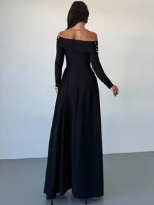 Firerie Vestido largo de línea A con hombros descubiertos, manga larga, fruncido y cuentas para mujer, vestido elegante y sexy para eventos de noche, vestido vintage con decoración de perlas, adecuado para primavera, verano, otoño, elegante, viajes, sexy, vacaciones, playa, estilo bohemio, Hawái, festivales de música, romántico, citas, fiestas, bodas, graduación, actuaciones, conciertos, trabajo, regreso a clases, cumpleaños de mujer - Negro - Ver 9
