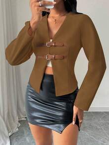 Zolique Chaqueta corta de unicolor, de moda para ir al trabajo, prenda de otoño/invierno para mujeres - Marrón - Ver 6
