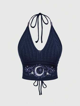 Style bohème Été Femmes, Ambiance vacances hippie Oeil, Lune et Étoile Broderie Bleu-Vert Top à col ras-du-cou tricoté et perlé