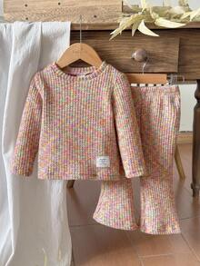 SHEIN Vintaside Kids 2pcs Baby Girls' Rainbow Color Long Sleeve Top And Pants Set, Casual Fashion Outfit Suitable For Spring, Autumn And Winter Fall - Multicolor - View 3