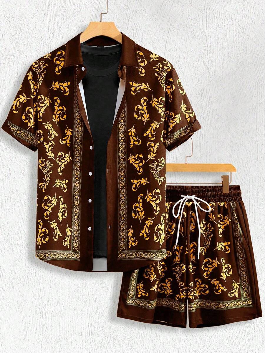 Manfinity RSRT Bộ đồ thường ngày áo sơ mi tay ngắn và quần short in họa tiết cổ điển dành cho nam - màu nâu - Xem 1